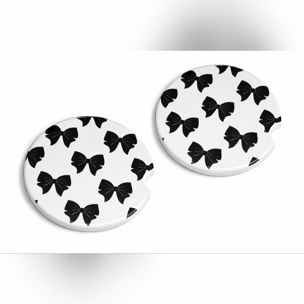 Black Bow Car Cup Holder Coasters Set of 2 Ceramic with Cork Backing, Universal